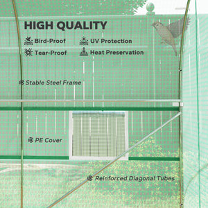 Greenhouse tunnel with roll-up door and 6 screened windows, steel frame, green