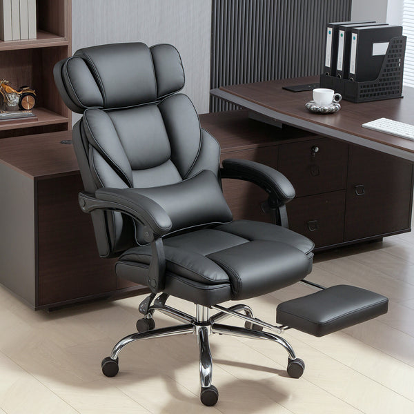 Reclining faux leather office chair with footrest, black