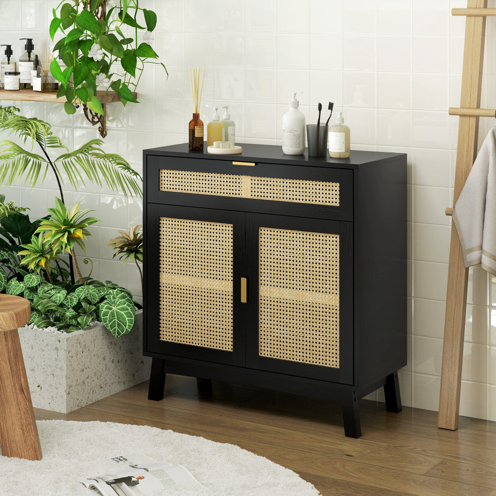 Bohemian style sideboard with rattan doors, black