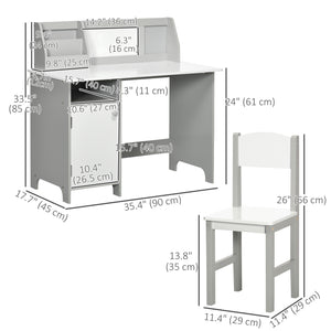 Kids Desk and Chair Set with Whiteboard, Storage and Shelves, Grey