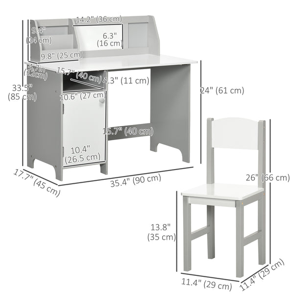 Kids Desk and Chair Set with Whiteboard, Storage and Shelves, Grey