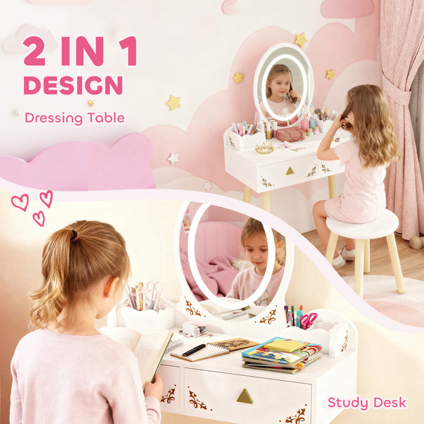 Children's dressing table with mirror, stool and 3-color LED lights, white