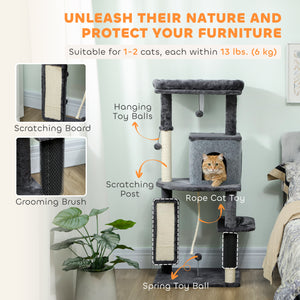 132cm Cat Tree with Scratching Posts, Basket, Kennel and Grooming Brush, Grey