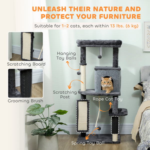 132cm Cat Tree with Scratching Posts, Basket, Kennel and Grooming Brush, Grey