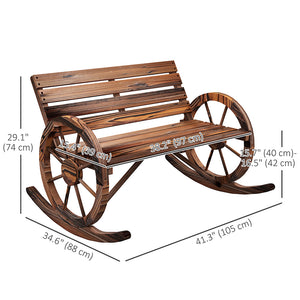 Two-seater outdoor wooden rocking bench with wagon wheel shaped armrests
