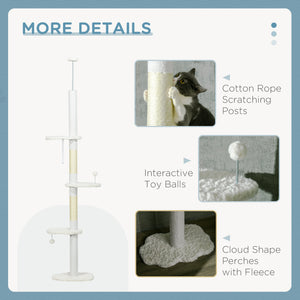 Ceiling-High Cat Tree with Scratching Posts, Cloud-Shaped Platforms, Hanging Balls, White