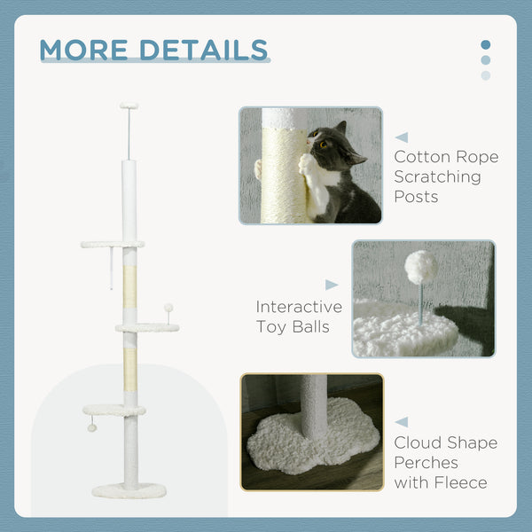 Ceiling-High Cat Tree with Scratching Posts, Cloud-Shaped Platforms, Hanging Balls, White