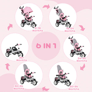 6 in 1 Toddler Tricycle with Parent Handle, Pink