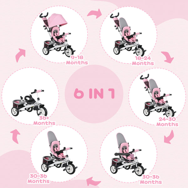 6 in 1 Toddler Tricycle with Parent Handle, Pink