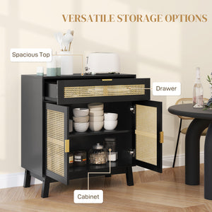 Bohemian style sideboard with rattan doors, black