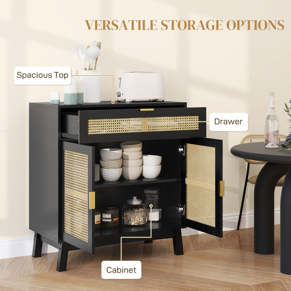 Bohemian style sideboard with rattan doors, black