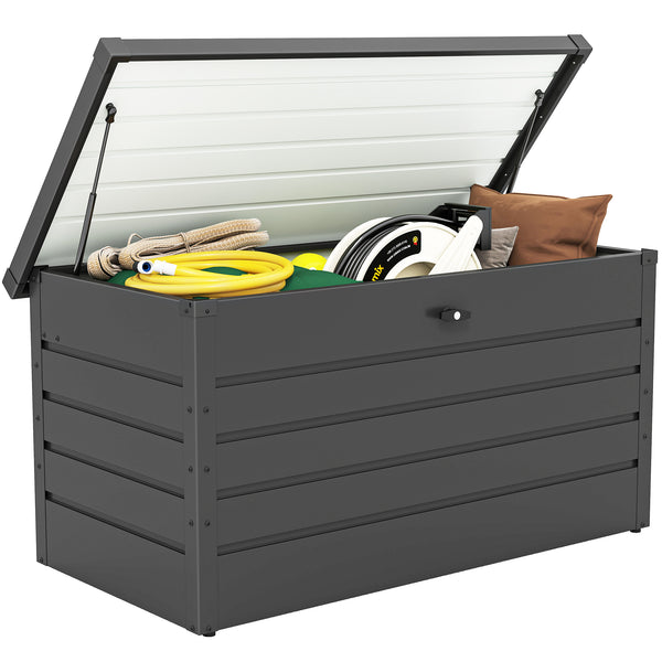 Large garden storage box with lock for pool toys, grey