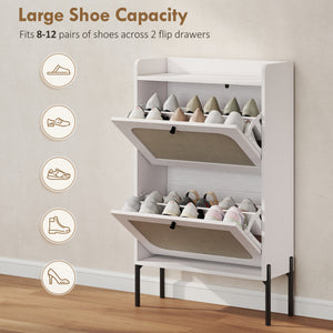 Bohemian style narrow shoe cabinet with 2 tilt-out drawers, white