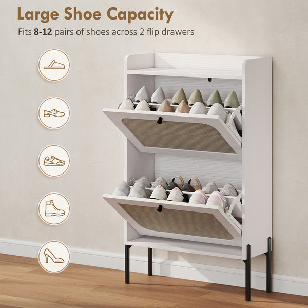 Bohemian style narrow shoe cabinet with 2 tilt-out drawers, white
