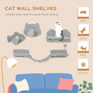 Wall-mounted cat shelves with steps, scratching posts, ladder, platforms and balls