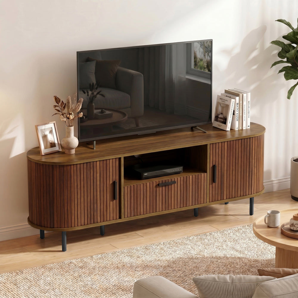 TV stand for up to 60-inch TVs with curved sliding doors and storage, brown