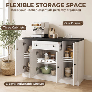 Storage buffet with charging station, 3 cabinets and adjustable shelves, white