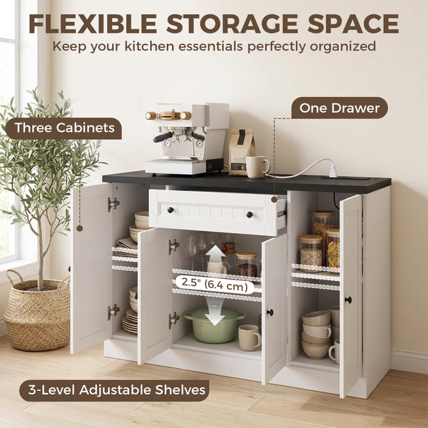Storage buffet with charging station, 3 cabinets and adjustable shelves, white