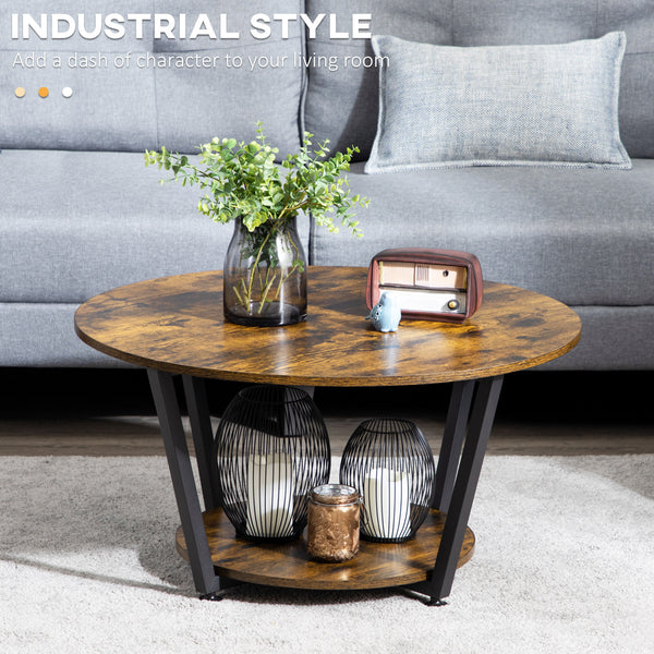 2-Tier Round Coffee Table with Storage Shelf, Rustic Brown