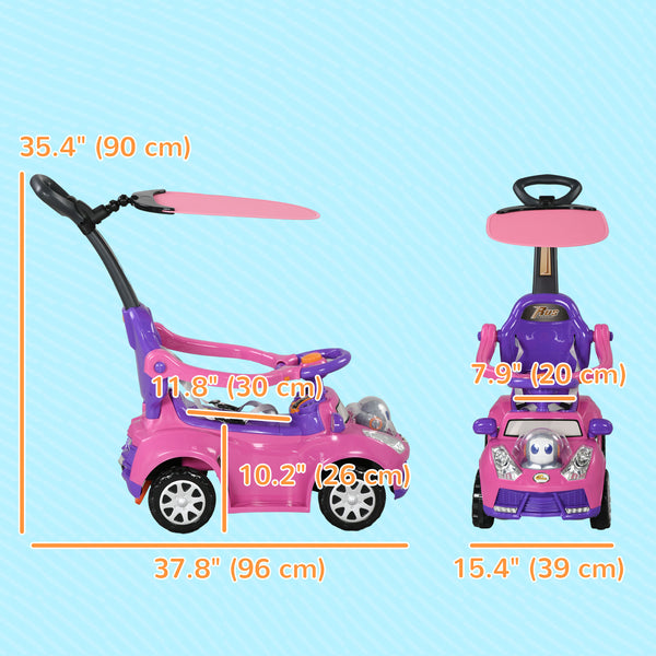 3-in-1 Push Car with Music, Light, Handle and Removable Canopy, Pink