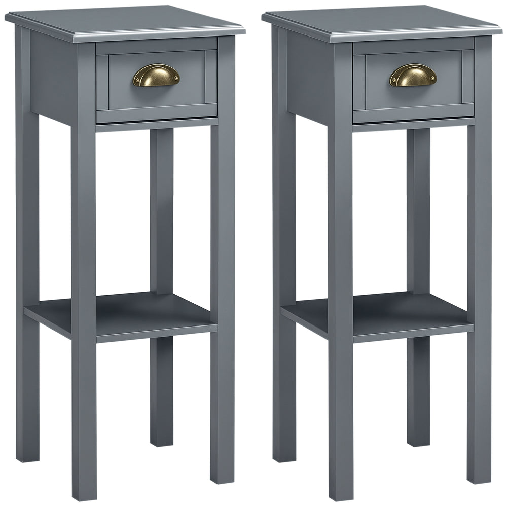 Set of 2 narrow bedside tables with drawer and shelf, gray