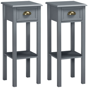 Set of 2 narrow bedside tables with drawer and shelf, gray
