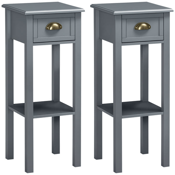 Set of 2 narrow bedside tables with drawer and shelf, gray