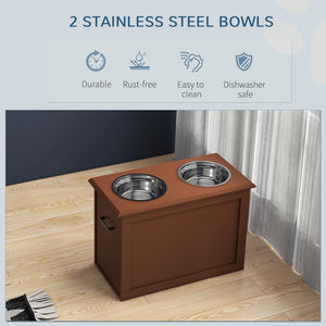 Raised dog bowls with storage, brown