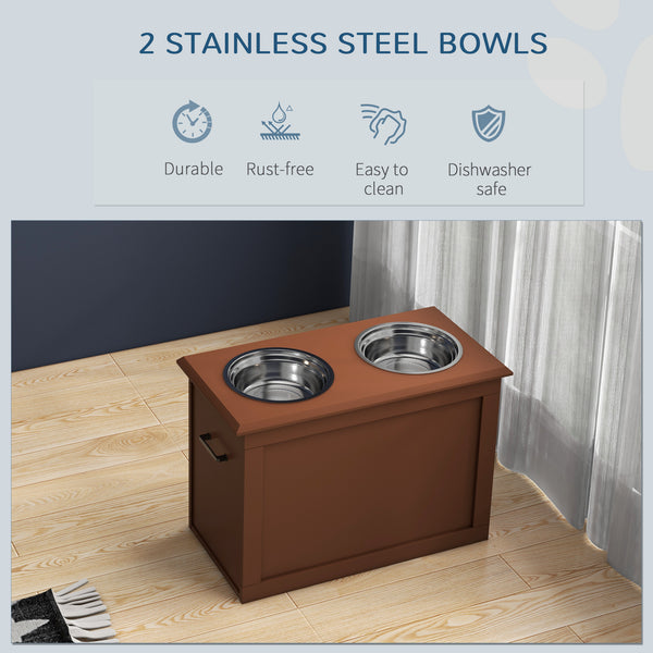 Raised dog bowls with storage, brown