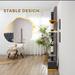 Cat tree with adjustable height from 230 to 274 cm, scratching posts, hammock, house, play ball, dark gray