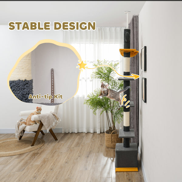 Cat tree with adjustable height from 230 to 274 cm, scratching posts, hammock, house, play ball, dark gray