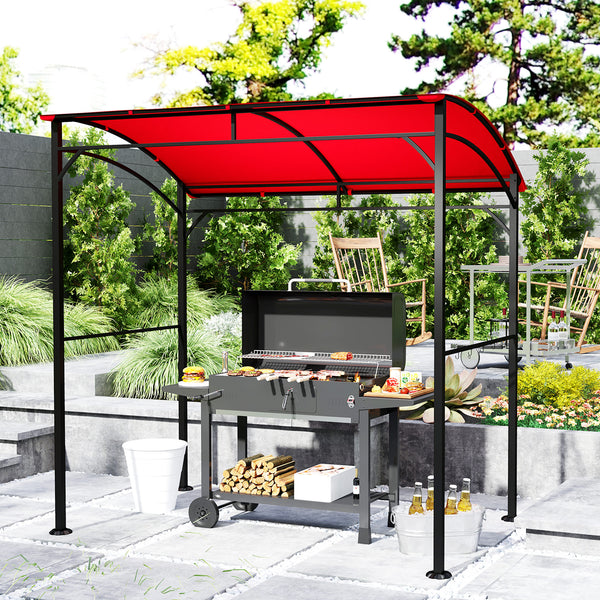 Barbecue shelter with steel frame and hooks, burgundy red