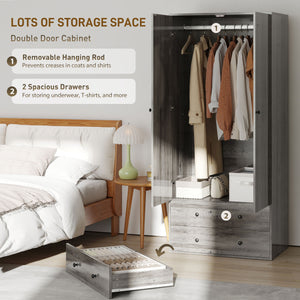 Modern wardrobe with 2 drawers and hanging rod, grey