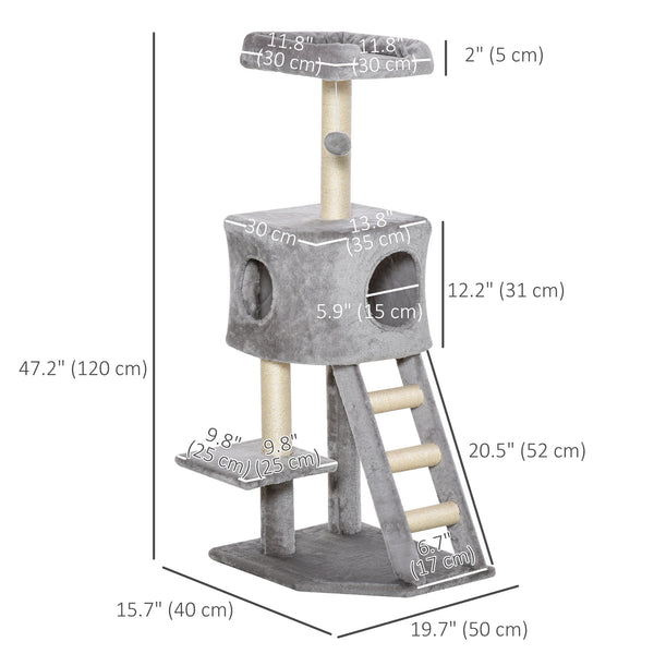 119 cm high cat tree with niche, ladder, scratching posts and hanging ball, light grey