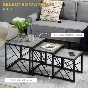 Set of 3 square nesting tables with metal frame, gray