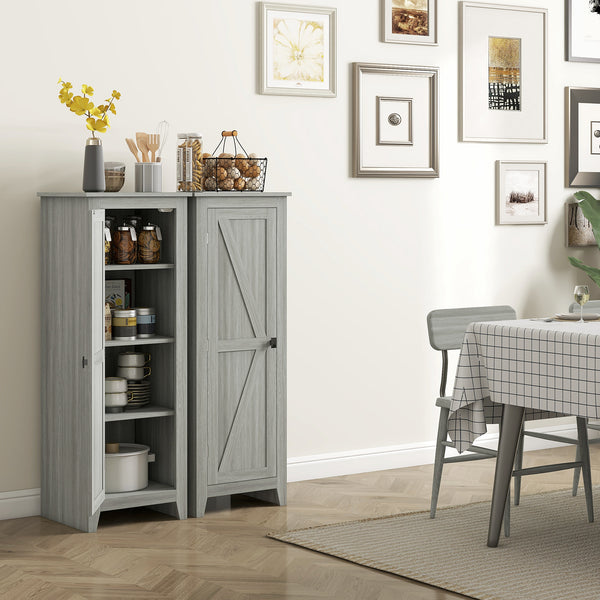 Storage cabinet with barn door and adjustable shelves, gray wood grain