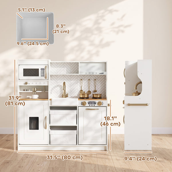 Children's play kitchen with coffee machine, ice dispenser and storage, white