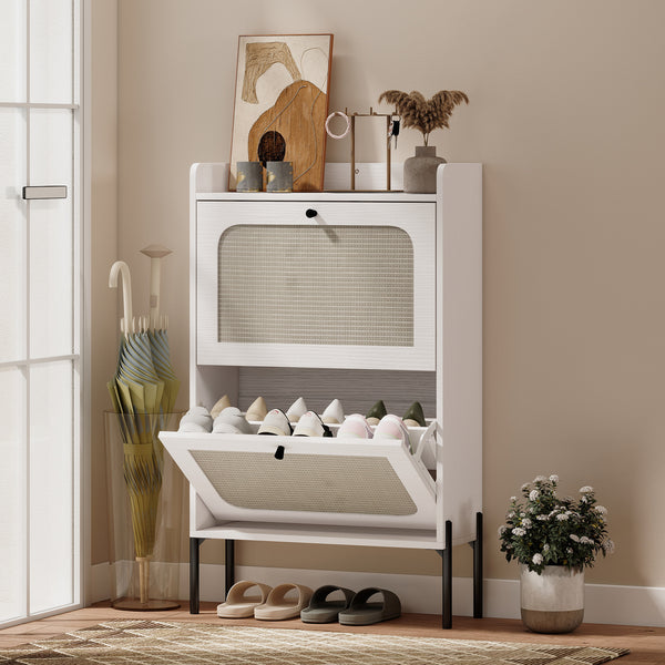 Bohemian style narrow shoe cabinet with 2 tilt-out drawers, white