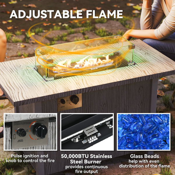 50,000 BTU Gas Fire Pit Table with Lid and Glass Screen, Gray