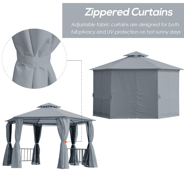13 ft hexagonal gazebo with mosquito netting and shade curtains, grey