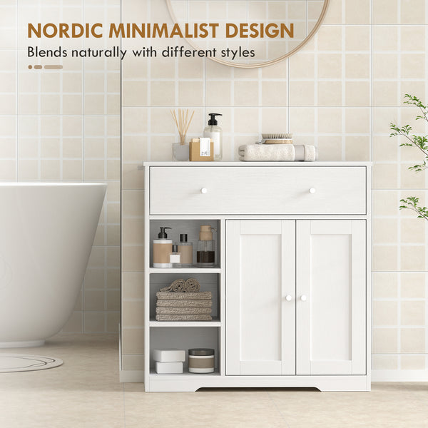Bathroom storage cabinet with drawer and open compartments, white