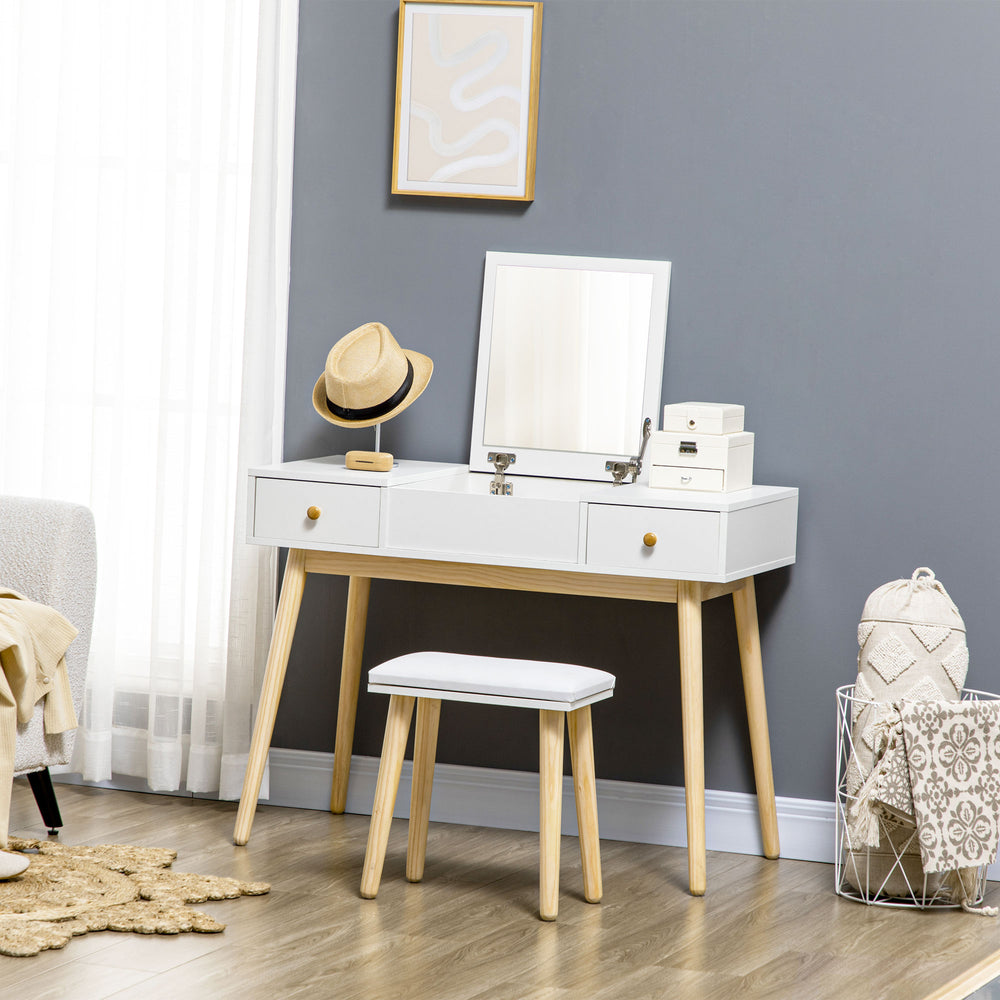 Dressing table with folding mirror and padded stool, white 