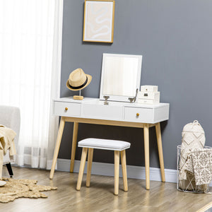 Dressing table with folding mirror and padded stool, white 