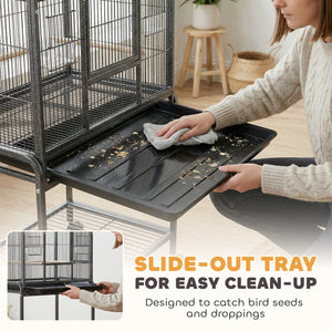 Large bird cage with rolling stand, 4 perches and 4 feeders – Black