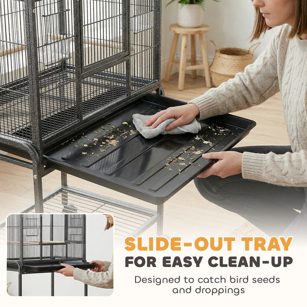 Large bird cage with rolling stand, 4 perches and 4 feeders – Black