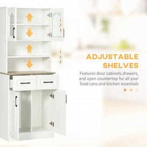 Freestanding storage unit with 2 adjustable shelves, 2 drawers, open countertop and glass doors, white