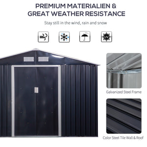 Metal garden shed with double sliding doors and 4 vents, dark grey