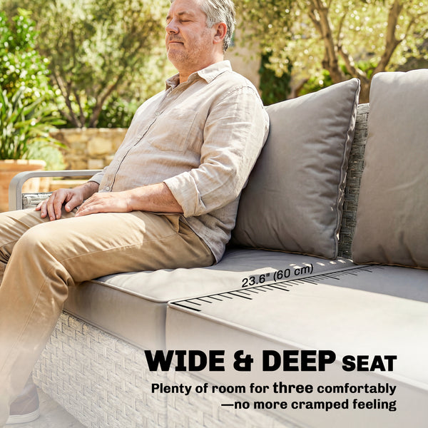 3-seater outdoor braided rattan sofa with cushions, grey