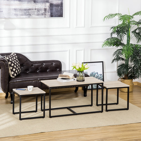 Set of 3 modern coffee tables with black metal frame, natural
