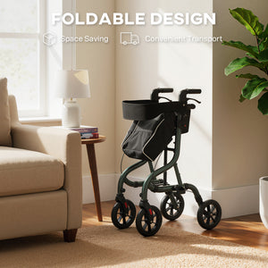 Foldable rollator walker with seat for seniors, lightweight with wheels, and adjustable handles, green